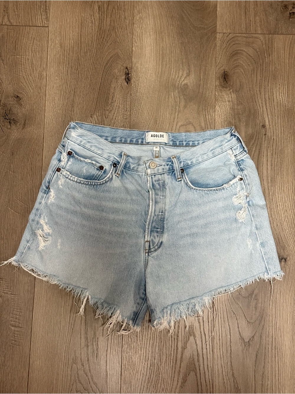 Agolde Light Wash Distressed Parker Long Denim Shorts Size 29